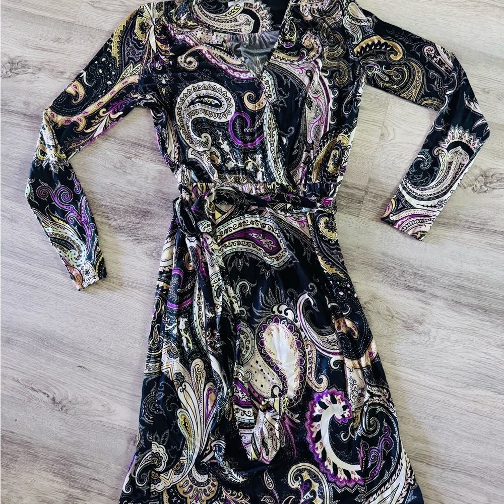 Etro Black Paisley Wrap Dress with Purple and Cream Accents